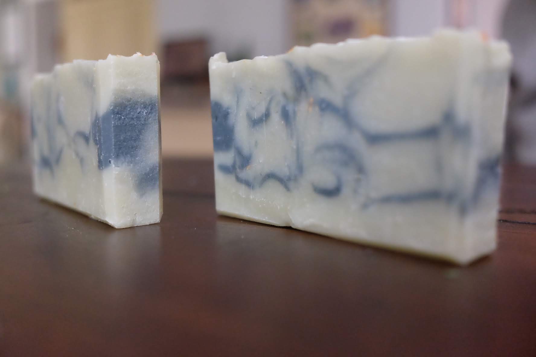Blue and white marbled soap bars